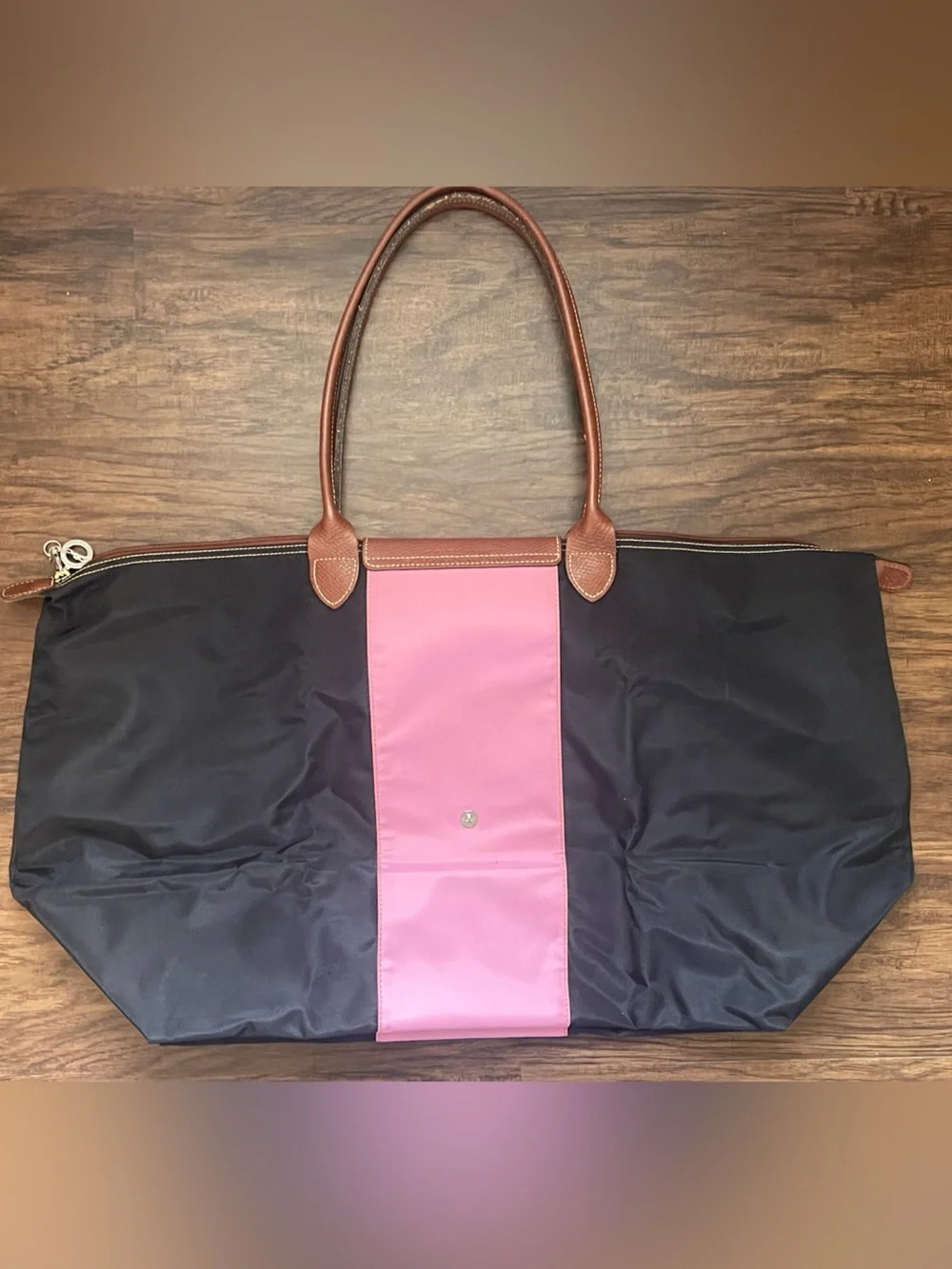 Longchamp Nylon Tote in Black with Pink Center Stripe and Brown Leather Strap